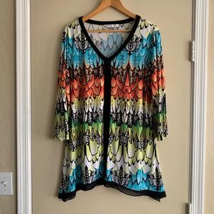 Peter Nygard Feather Design Artsy Knit Top Sz.2X Tunic V- Neck Business Career